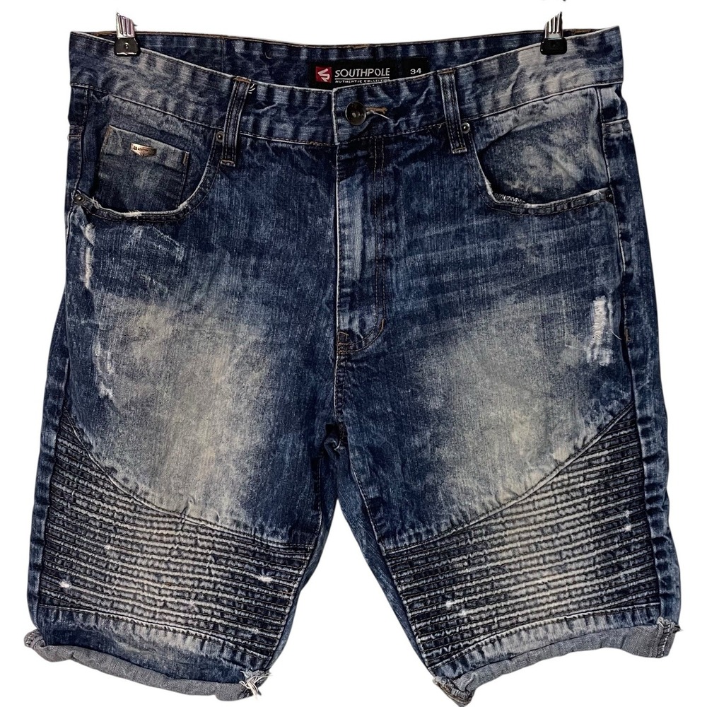 Vtg Southpole‎ Mens Blue Acid Wash Distressed Cut Off Jean Shorts Y2K Hip Hop 34